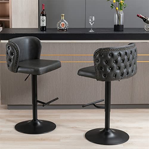 Adjustable Swivel Bar Stools Set of 2, PU Leather Upholstered Bar Chairs, Beige