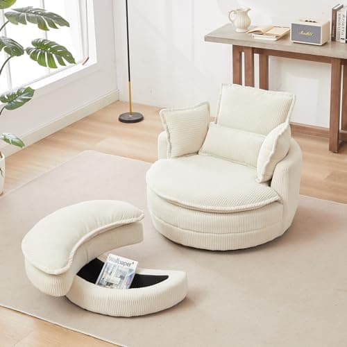 Yellow i-POOK Swivel Chair with Storage Ottoman & Pillows, Oversized Barrel Chair for Living Room