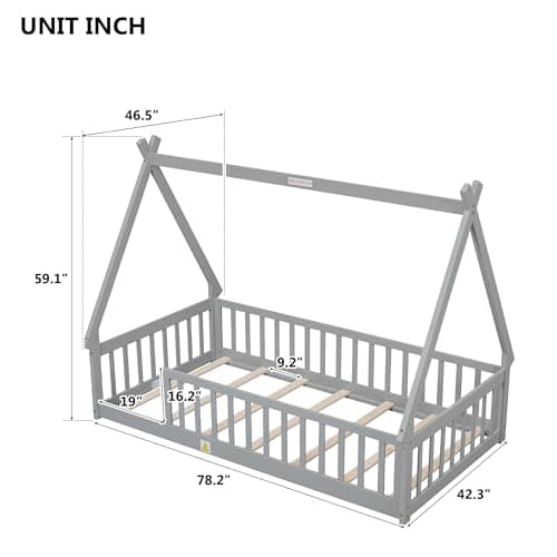 Montessori Floor Bed for Kids with Guardrails, Twin Size, Tent-Shaped Grey Frame