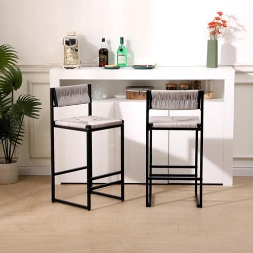 Metal Bar Stools Set of 2 with Woven Seat and Back, Counter Height Chairs for Kitchen Island, Dining Room in Beige