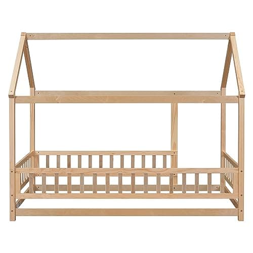 Montessori Twin Size Floor Bed Frame for Kids - Wooden House Design with Fence