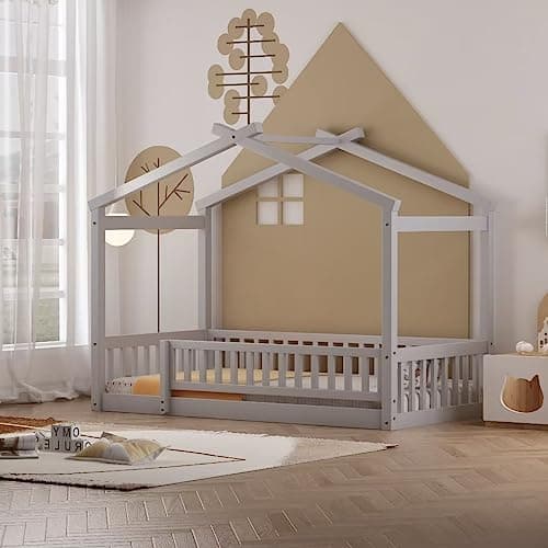 i-POOK Grey Wood Floor Bed with Fence & Roof for Kids