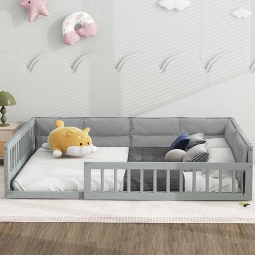 LUSPAZ Beige Queen Size Floor Bed with Shell Headboard and Vertical Seams