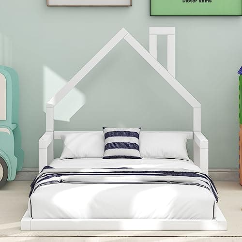LUSPAZ Beige Queen Size Floor Bed with Shell Headboard and Vertical Seams