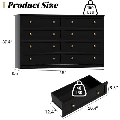 Black 8 Drawer Double Dresser - 55.1" Wide with Large Storage