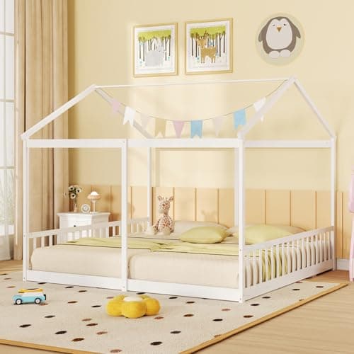 Giantex Double Twin Floor Beds, Wood Montessori with Fence & Roof, White