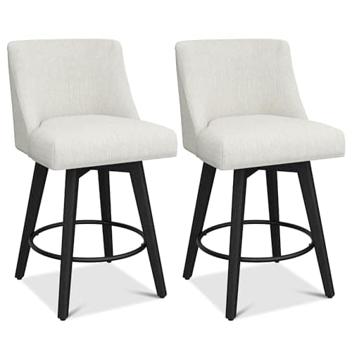 26" Height Swivel Bar Stools, Ivory Fabric, Solid Wood Legs, Modern Kitchen Island Stools Set of 2