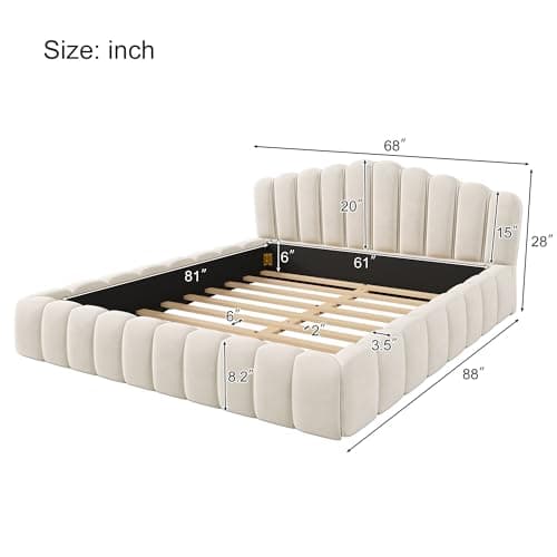 LUSPAZ Beige Queen Size Floor Bed with Shell Headboard and Vertical Seams