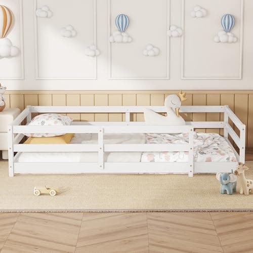 Twin Size Montessori Bed with Fence, Wood for Kids (White)