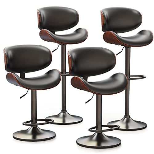 Bentwood Bar Stool Set, Adjustable Height with Footrest, PU Leather, Black Kitchen Bar Chairs