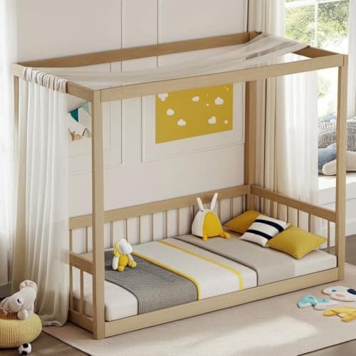 Montessori Safety-Fenced Floor Bed for Girls & Boys, No Box Spring Needed,Natural