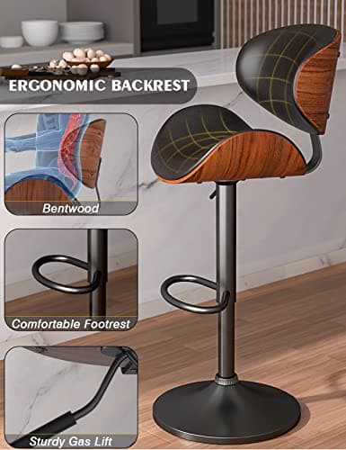 Bentwood Bar Stool Set, Adjustable Height with Footrest, PU Leather, Black Kitchen Bar Chairs