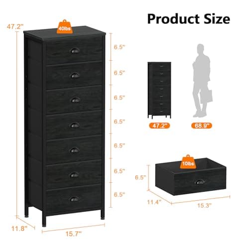 Furnulem 6 & 7 Drawer Dresser, Tall Black Storage Tower with Fabric Bins