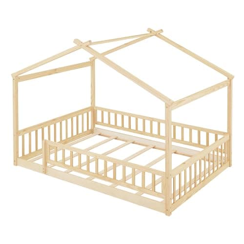 Bellemave Full Size Montessori Wood House Bed with Fence, Natural