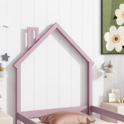 Wooden Montessori Twin Floor Bed with House-Shaped Headboard and Fence Guardrails, Pink