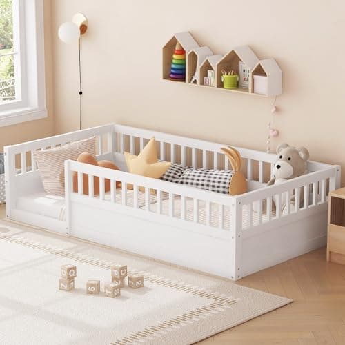 Montessori Full Size Floor Bed with High Rails for Kids, Natural Wood