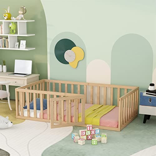i-POOK Gray Twin Size Floor Bed with Safety Fence & Door