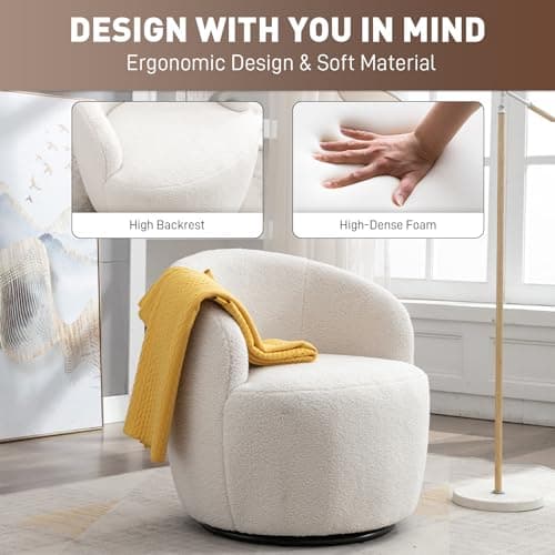 Ivory Boucle Swivel Chair, 360° Rotating Living Room Accent Chair
