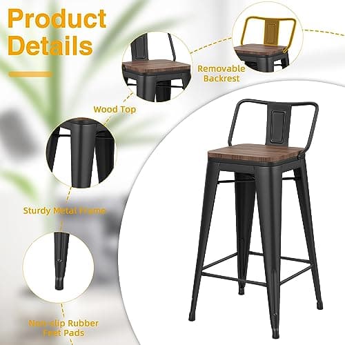 Yongchuang Matte Black Bar Stool Set of 4, 26 Inch Kitchen Counter Height