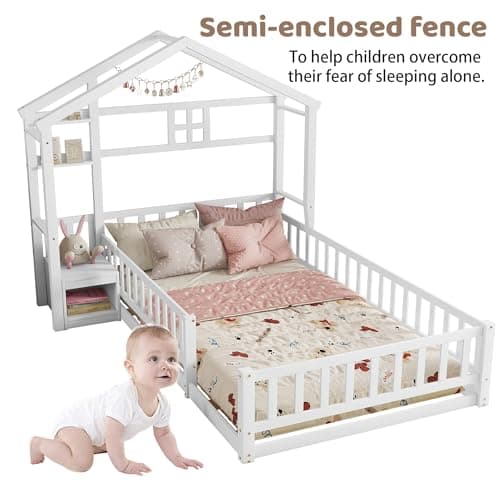 Montessori Wood Twin House Bed with Fence Guardrails & Stand, White