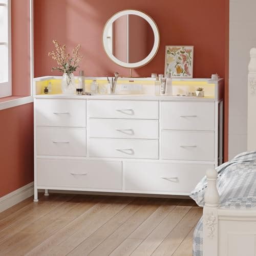 Black LED Dresser with 9 Drawers and Charging Station for Kid's Room or Living Space