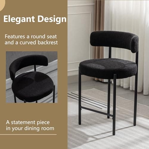 Mid-Century Modern Black Boucle Bar Stools, Set of 3, 24'' High, Kitchen Island Dining Room