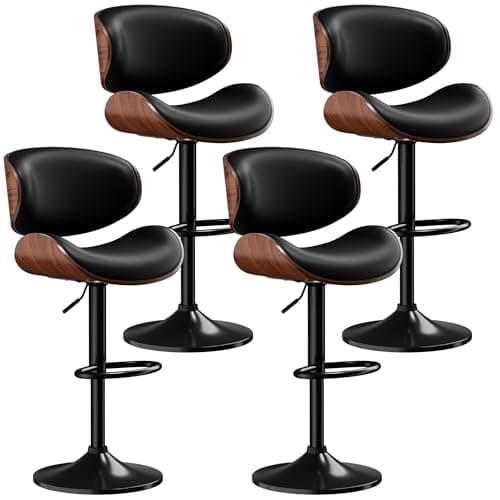 Mid-Century Modern Black PU Leather Bar Stool Set of 4 with Back