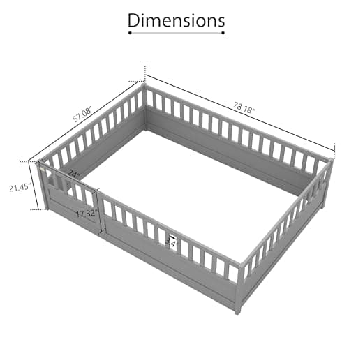 Gray Full Size Montessori Floor Bed with High Fence & Door