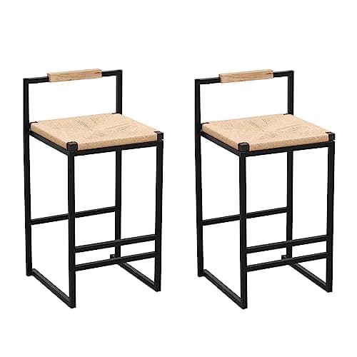 Metal Bar Stools Set of 2 with Woven Seat and Back, Counter Height Chairs for Kitchen Island, Dining Room in Beige