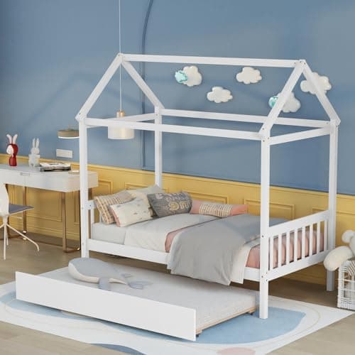 i-POOK House Twin Bed Frame, Pink, with Trundle and Headboard