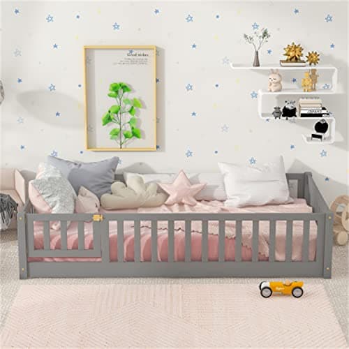 Solid Wood Montessori Floor Bed for Children with Safety Guardrails, Gray (Twin Size)