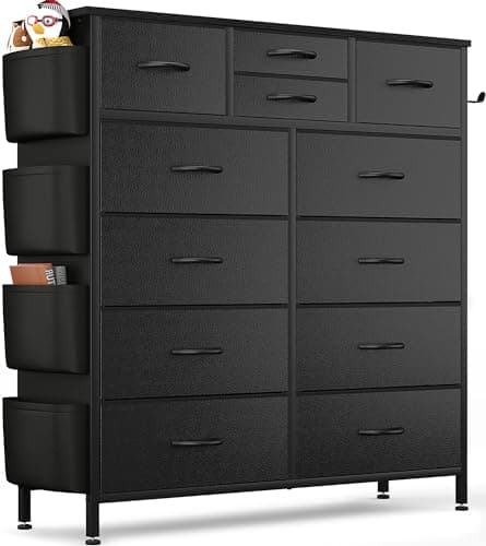 Lulive Tall Dresser Chest with 12 Drawers & Hooks (Black)