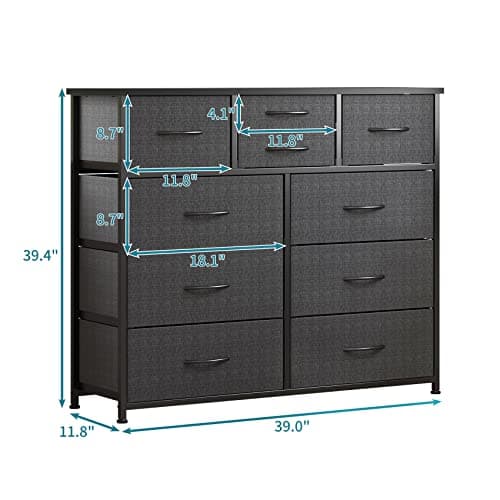 LUMTOK 10-Drawer Fabric Dresser, Steel Frame, Wood Top (Grey)