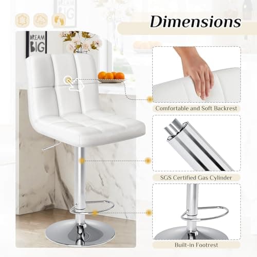 DUMOS Adjustable Swivel Bar Stools, PU Leather Seat, Thick Cushion, White