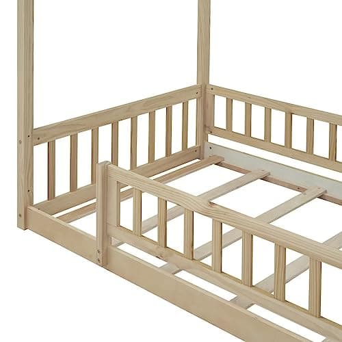i-POOK Twin Size Montessori Bed Playhouse with Fence and Roof for Kids