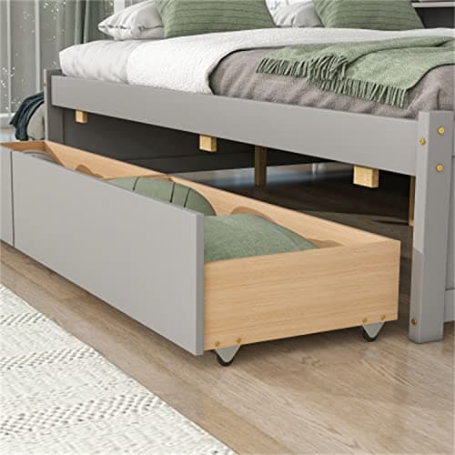 Full Size Gray Solid Wood Bed with Side Bookcases & Storage Drawers