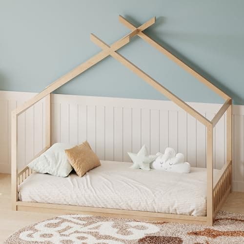 Montessori Twin Size Floor Bed with Fence, White