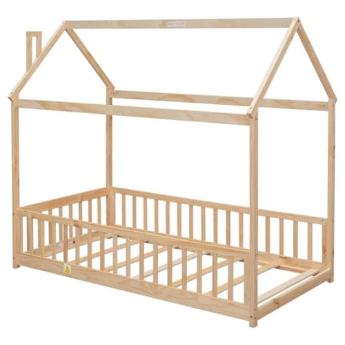 i-POOK Safety Guardrail Twin Bed with House Design, Solid Wood Slats Support, Natural Finish