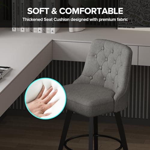 Retro Upholstered Swivel Bar Stools, 360 Rotation, Gray Linen, Solid Wood Legs, Kitchen Island, 26" H Seat