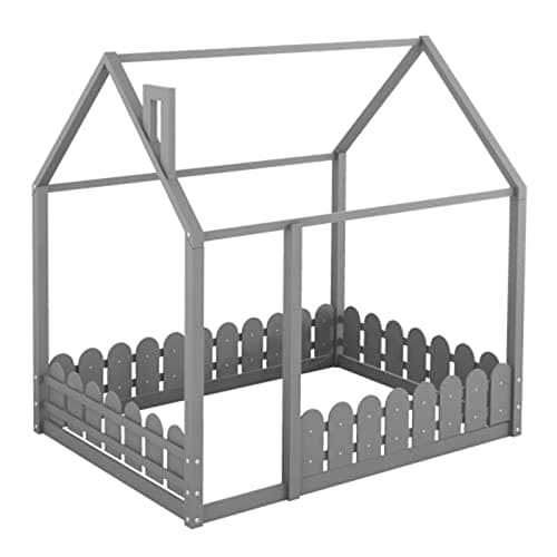 Wood House Bed Frame for Children with Fence & Roof, Full-Length Guardrail for Teens Girls Boys