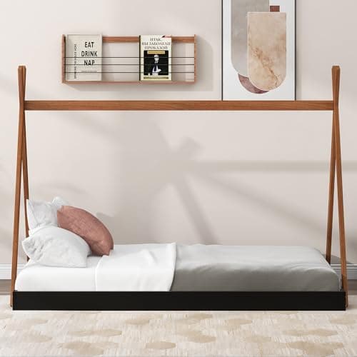 LUSPAZ Beige Queen Size Floor Bed with Shell Headboard and Vertical Seams
