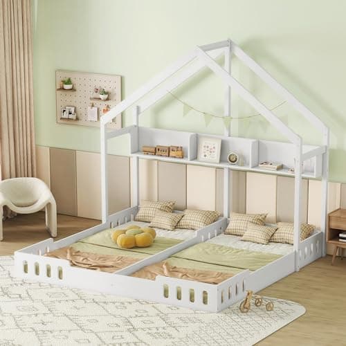 P PURLOVE Double Twin Bed for 2 Kids with Fence, Gray