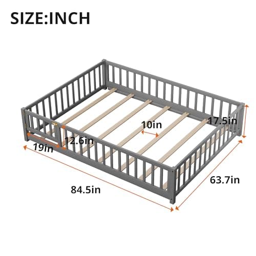 Queen Size Solid Wood Platform Bed Frame, Fence-Shaped Guardrails, Gray