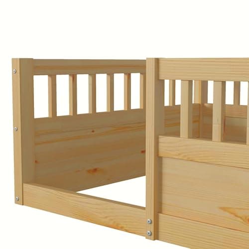 Wanttii Twin Size Toddler Floor Bed with Safety Fence (Natural)