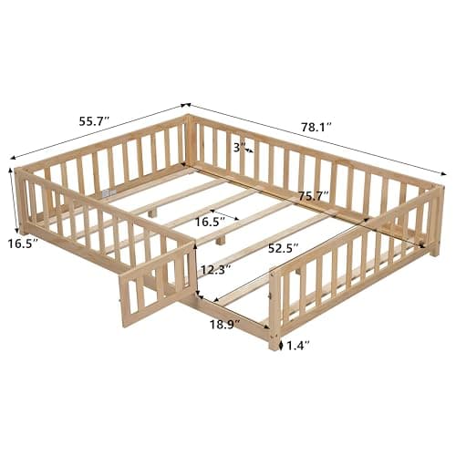 Bellemave Full Size Montessori Bed Frame with Door, Fence & Natural Wood