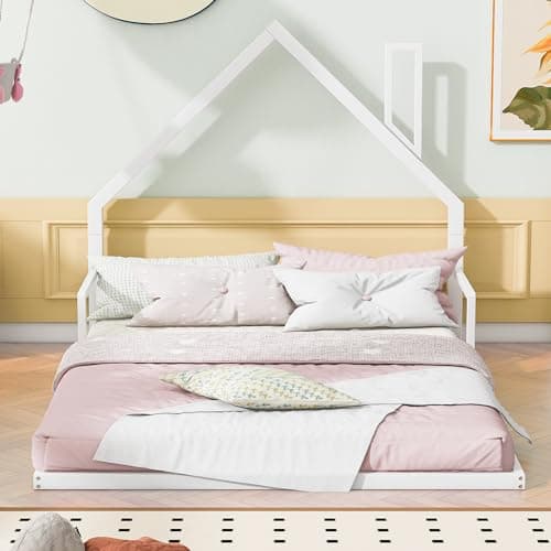 Bellemave Full Size Kids Floor Bed with House-Shaped Headboard, White