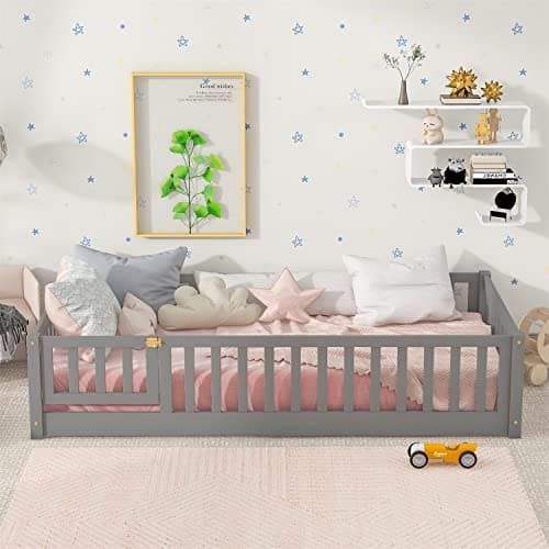Children Twin Size Montessori Floor Bed Frame with Guardrails, Door, Solid Wood Platform - Gray