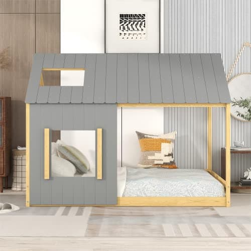 i-POOK Twin Size House Bed with Roof and Window, Gray+Natural