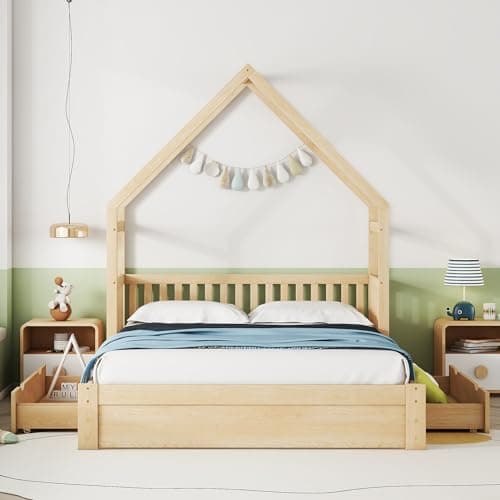 LUSPAZ Beige Queen Size Floor Bed with Shell Headboard and Vertical Seams