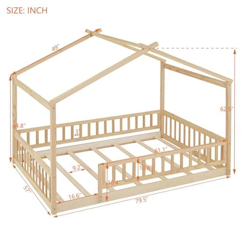 Bellemave Full Size Montessori Wood House Bed with Fence, Natural